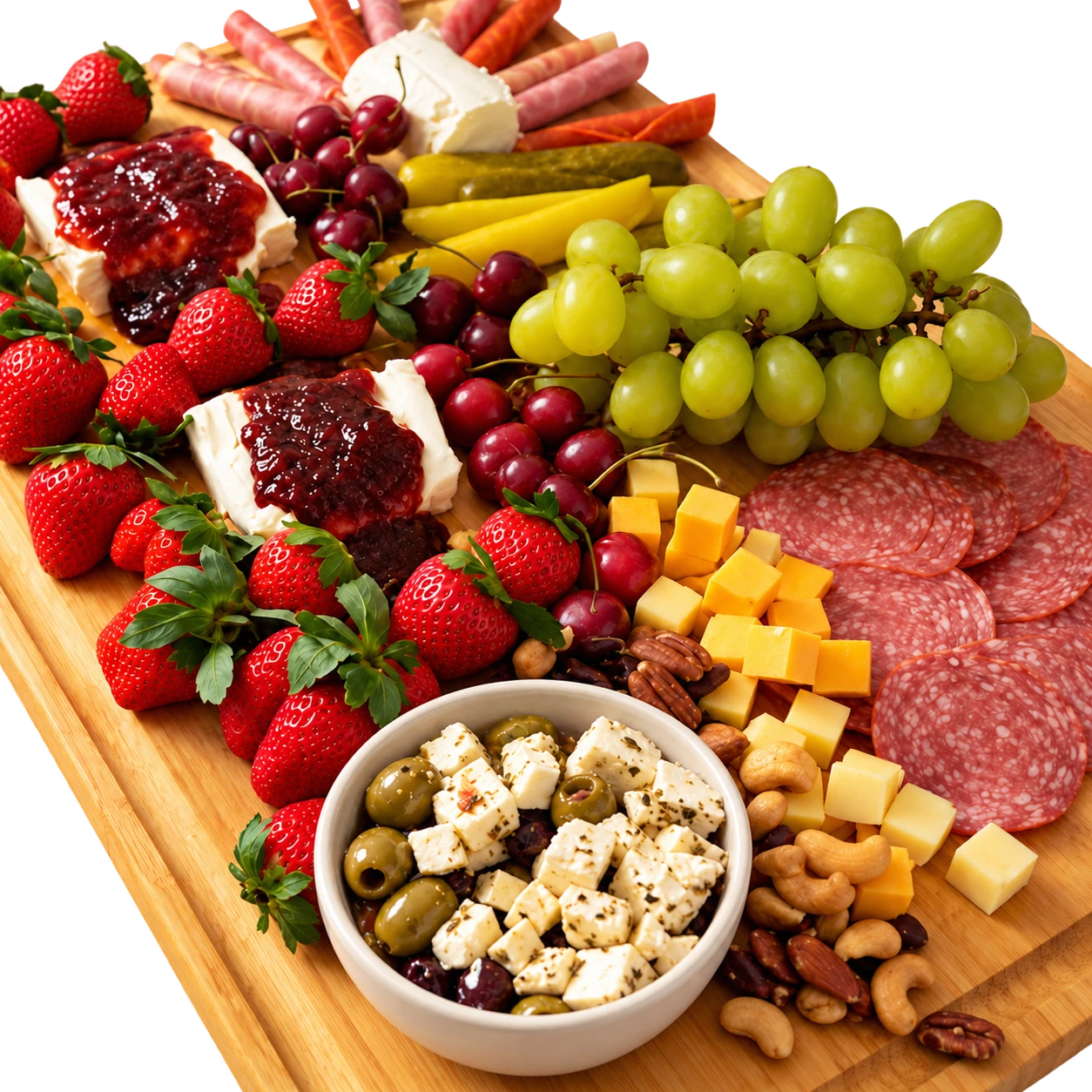 A grazing board with strawberries, grapes, cheese, charcuterie, nuts, and a ceramic bowl of olives