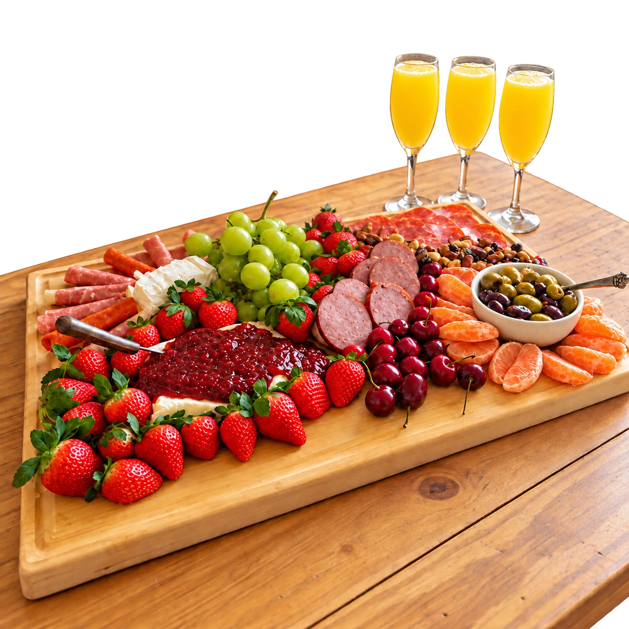 A grazing board of fruit, cheese, and charcuterie on a wooden table with three sparkling drinks