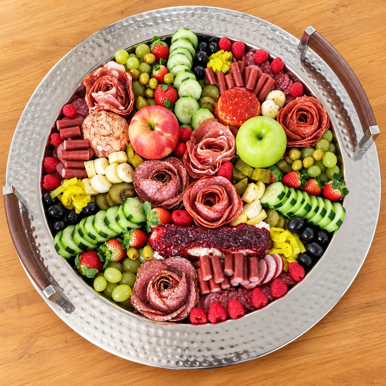 A round silver grazing platter with fruit, cucumber, cheese, and charcuterie roses